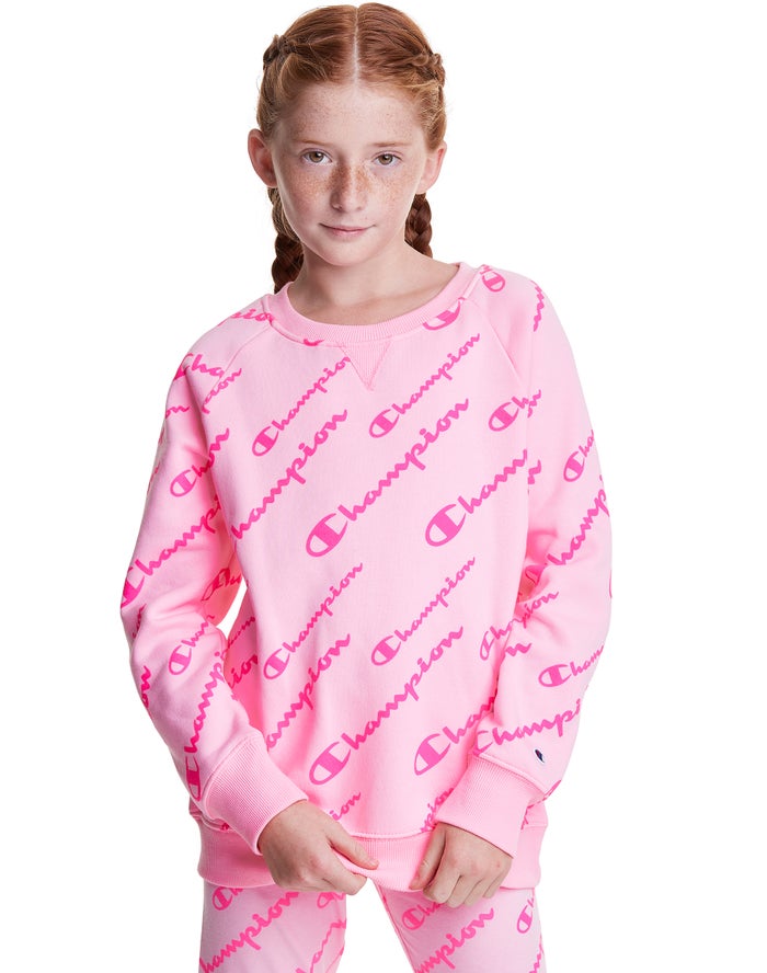 Champion Girls Sweatshirt NZ - Fleece Raglan Allover Logo Pink ( 0965-ILCWR )